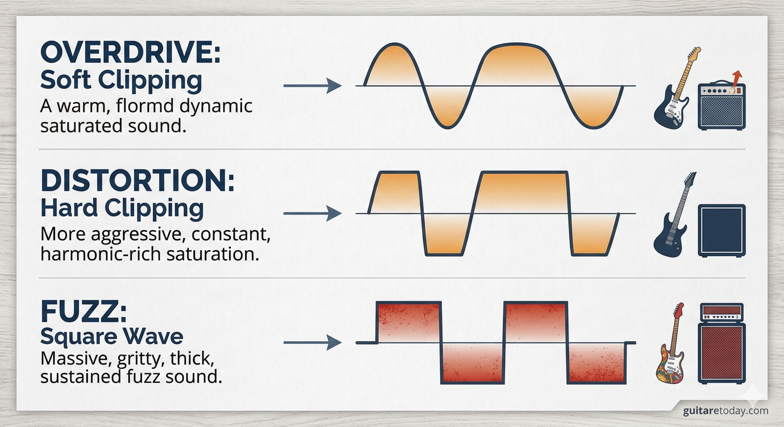 Comparaison technique des formes d'onde pour Overdrive, Distorsion et Fuzz